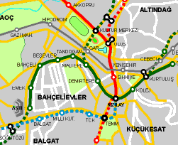 Map of Ankaray and Metro lines in Ankara, Turkey